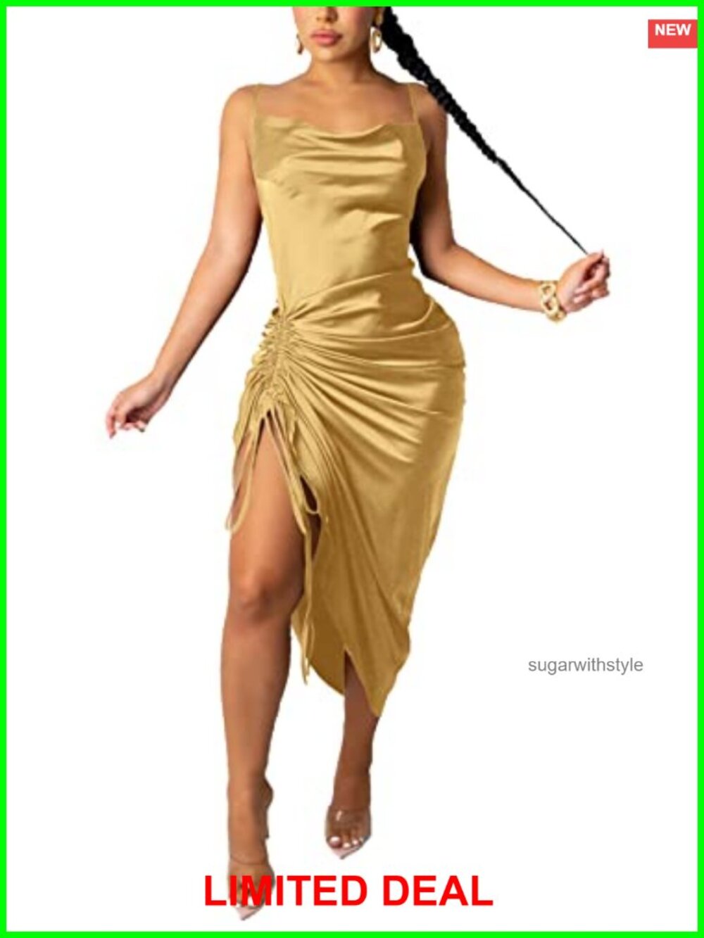 Satin Spaghetti Strap Ruched Midi Dress Backless Club Party Cocktail
